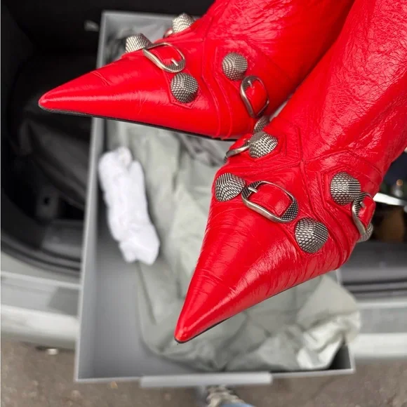 Red Leather Knee-High Stiletto Boots - Women - Picture 8 of 10